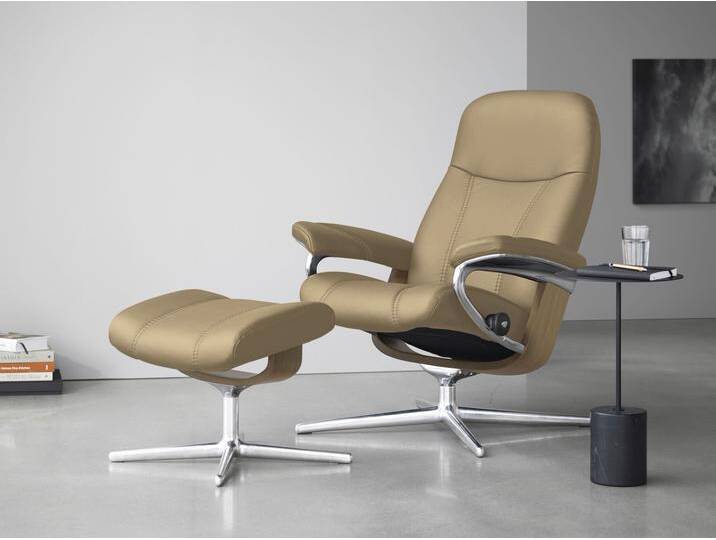Relaxsessel STRESSLESS Consul , beige (sand paloma), B:78cm H:97cm T:70cm, Leder PALOMA: PALOMA ist ein durchgefärbtes Semianilin-Möbelleder mit natürlicher Narbung., Sessel, mit Hocker, mit Cross Base, Größe S, M & L, Holzakzent Eiche von Stressless