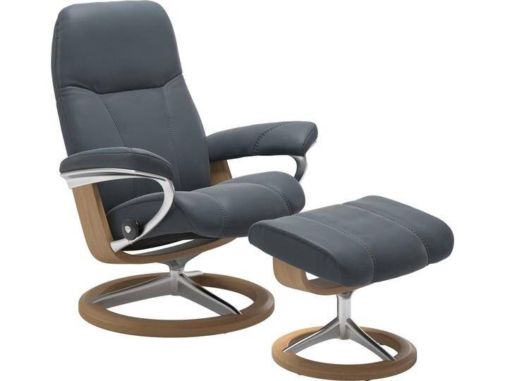 Relaxsessel STRESSLESS Consul , blau (atlantic blau batick), B:82cm H:102cm T:72cm, Leder BATICK: BATICK ist ein leicht korrigiertes, durchgefärbtes und genarbtes Möbelleder, bei dem die meisten Unebenheiten und Spuren in der Regel entfernt wurden., Leder PALOMA: PALOMA ist ein durchgefärbtes Semianilin-Möbelleder mit natürlicher Narbung., ROHLEDER Stoff Q2 FARON: Ein fester zuverlässiger Bouclu00e9 mit einem strukturierten Aussehen und einer komfortablen Oberfläche (100% Polyester im Flor, Grundgewebe: 50% Polyester, 50% Polyacryl), Struktur fein JASMINE (90% Polyester, 10% Baumwolle), Sessel, mit Hocker, mit Signature Base, Größe M, Gestell Eiche von Stressless