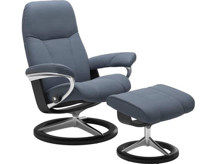 Relaxsessel STRESSLESS Consul , blau (sparrow blau paloma), B:82cm H:102cm T:72cm, Leder BATICK: BATICK ist ein leicht korrigiertes, durchgefärbtes und genarbtes Möbelleder, bei dem die meisten Unebenheiten und Spuren in der Regel entfernt wurden., Leder PALOMA: PALOMA ist ein durchgefärbtes Semianilin-Möbelleder mit natürlicher Narbung., ROHLEDER Stoff Q2 FARON: Ein fester zuverlässiger Bouclu00e9 mit einem strukturierten Aussehen und einer komfortablen Oberfläche (100% Polyester im Flor, Grundgewebe: 50% Polyester, 50% Polyacryl), Struktur fein JASMINE (90% Polyester, 10% Baumwolle), Sessel, mit Hocker, mit Signature Base, Größe M, Gestell Schwarz von Stressless