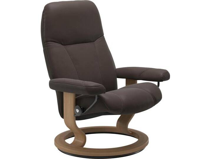 Relaxsessel STRESSLESS Consul , braun (braun batick), B:76cm H:100cm T:71cm, Leder BATICK: BATICK ist ein leicht korrigiertes, durchgefärbtes und genarbtes Möbelleder, bei dem die meisten Unebenheiten und Spuren in der Regel entfernt wurden.;Leder PALOMA: PALOMA ist ein durchgefärbtes Semianilin-Möbelleder mit natürlicher Narbung.;ROHLEDER Stoff Q2 FARON: Ein fester zuverlässiger Bouclé mit einem strukturierten Aussehen und einer komfortablen Oberfläche (100% Polyester im Flor, Grundgewebe: 50% Polyester, 50% Polyacryl);Struktur fein JASMINE (90% Polyester, 10% Baumwolle), Sessel, mit Classic Base, Größe M, Gestell Eiche von Stressless