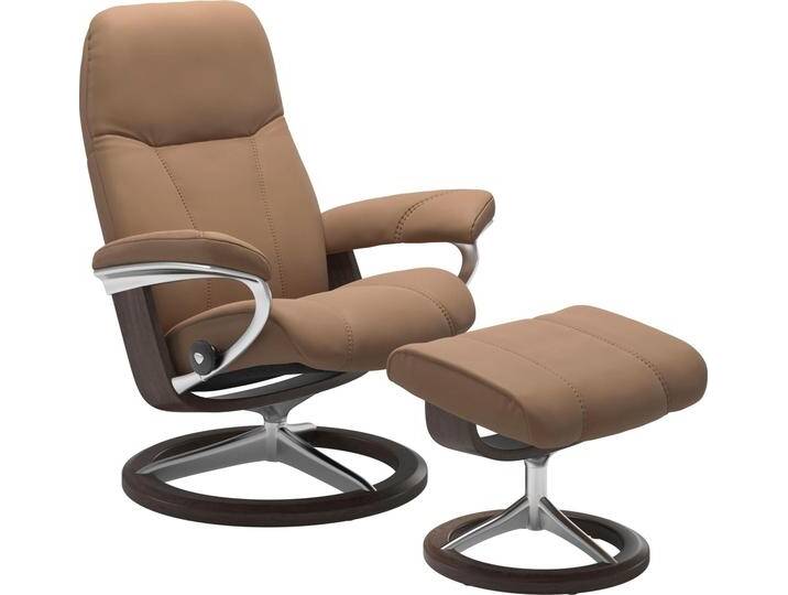 Relaxsessel STRESSLESS Consul , braun (latte batick), B:82cm H:102cm T:72cm, Leder BATICK: BATICK ist ein leicht korrigiertes, durchgefärbtes und genarbtes Möbelleder, bei dem die meisten Unebenheiten und Spuren in der Regel entfernt wurden., Leder PALOMA: PALOMA ist ein durchgefärbtes Semianilin-Möbelleder mit natürlicher Narbung., ROHLEDER Stoff Q2 FARON: Ein fester zuverlässiger Bouclu00e9 mit einem strukturierten Aussehen und einer komfortablen Oberfläche (100% Polyester im Flor, Grundgewebe: 50% Polyester, 50% Polyacryl), Struktur fein JASMINE (90% Polyester, 10% Baumwolle), Sessel, mit Hocker, mit Signature Base, Größe M, Gestell Wenge von Stressless