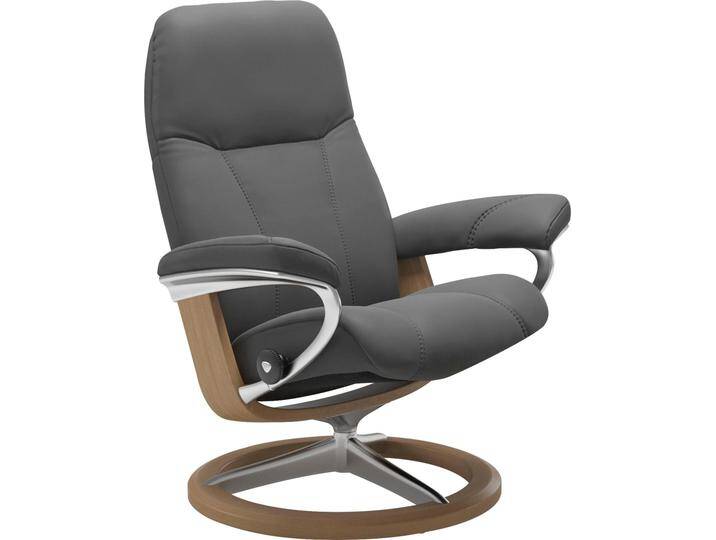 Relaxsessel STRESSLESS Consul , grau (grau batick), B:91cm H:102cm T:79cm, Leder BATICK: BATICK ist ein leicht korrigiertes, durchgefärbtes und genarbtes Möbelleder, bei dem die meisten Unebenheiten und Spuren in der Regel entfernt wurden., Leder PALOMA: PALOMA ist ein durchgefärbtes Semianilin-Möbelleder mit natürlicher Narbung., ROHLEDER Stoff Q2 FARON: Ein fester zuverlässiger Bouclu00e9 mit einem strukturierten Aussehen und einer komfortablen Oberfläche (100% Polyester im Flor, Grundgewebe: 50% Polyester, 50% Polyacryl), Struktur fein JASMINE (90% Polyester, 10% Baumwolle), Sessel, mit Signature Base, Größe L, Gestell Eiche von Stressless