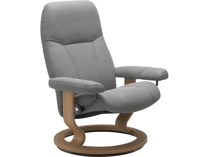 Relaxsessel STRESSLESS Consul , grau (wild dove batick), B:72cm H:94cm T:70cm, Leder BATICK: BATICK ist ein leicht korrigiertes, durchgefärbtes und genarbtes Möbelleder, bei dem die meisten Unebenheiten und Spuren in der Regel entfernt wurden., Leder PALOMA: PALOMA ist ein durchgefärbtes Semianilin-Möbelleder mit natürlicher Narbung., ROHLEDER Stoff Q2 FARON: Ein fester zuverlässiger Bouclu00e9 mit einem strukturierten Aussehen und einer komfortablen Oberfläche (100% Polyester im Flor, Grundgewebe: 50% Polyester, 50% Polyacryl), Struktur fein JASMINE (90% Polyester, 10% Baumwolle), Sessel, mit Classic Base, Größe S, Gestell Eiche von Stressless