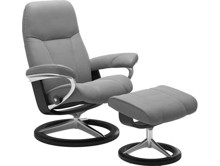 Relaxsessel STRESSLESS Consul , grau (wild dove batick), B:78cm H:97cm T:70cm, Leder BATICK: BATICK ist ein leicht korrigiertes, durchgefärbtes und genarbtes Möbelleder, bei dem die meisten Unebenheiten und Spuren in der Regel entfernt wurden., Leder PALOMA: PALOMA ist ein durchgefärbtes Semianilin-Möbelleder mit natürlicher Narbung., ROHLEDER Stoff Q2 FARON: Ein fester zuverlässiger Bouclu00e9 mit einem strukturierten Aussehen und einer komfortablen Oberfläche (100% Polyester im Flor, Grundgewebe: 50% Polyester, 50% Polyacryl), Struktur fein JASMINE (90% Polyester, 10% Baumwolle), Sessel, mit Hocker, mit Signature Base, Größe S, Gestell Schwarz von Stressless