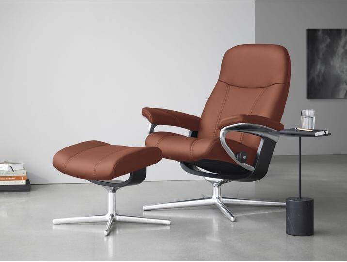 Relaxsessel STRESSLESS Consul , rot (henna paloma), B:82cm H:102cm T:72cm, Leder PALOMA: PALOMA ist ein durchgefärbtes Semianilin-Möbelleder mit natürlicher Narbung., Sessel, mit Hocker, mit Cross Base, Größe S, M & L, Holzakzent Schwarz von Stressless