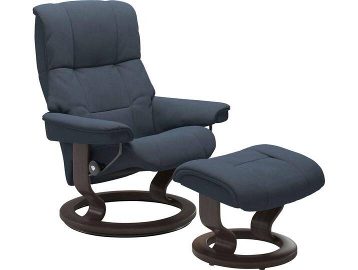 Relaxsessel STRESSLESS Mayfair , blau (blau dinamica), B:75cm H:99cm T:73cm, Leder BATICK: BATICK ist ein leicht korrigiertes, durchgefärbtes und genarbtes Möbelleder, bei dem die meisten Unebenheiten und Spuren in der Regel entfernt wurden., Leder PALOMA: PALOMA ist ein durchgefärbtes Semianilin-Möbelleder mit natürlicher Narbung., ROHLEDER Stoff Q2 FARON: Ein fester zuverlässiger Bouclu00e9 mit einem strukturierten Aussehen und einer komfortablen Oberfläche (100% Polyester im Flor, Grundgewebe: 50% Polyester, 50% Polyacryl), Microfaser DINAMICA (88% Polyester, 12% Polyurethan), Sessel, mit Hocker, mit Classic Base, Größe S, M & L, Gestell Wenge von Stressless
