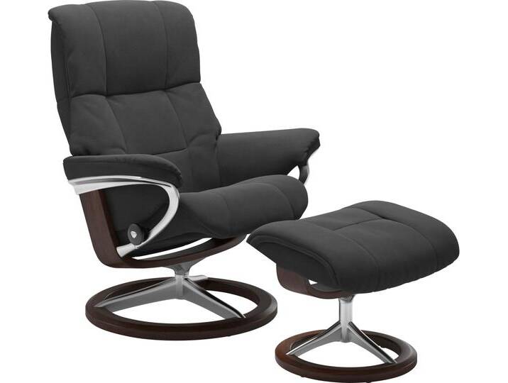 Relaxsessel STRESSLESS Mayfair , grau (charcoal dinamica), B:79cm H:102cm T:73cm, Leder BATICK: BATICK ist ein leicht korrigiertes, durchgefärbtes und genarbtes Möbelleder, bei dem die meisten Unebenheiten und Spuren in der Regel entfernt wurden.;Leder PALOMA: PALOMA ist ein durchgefärbtes Semianilin-Möbelleder mit natürlicher Narbung.;ROHLEDER Stoff Q2 FARON: Ein fester zuverlässiger Bouclé mit einem strukturierten Aussehen und einer komfortablen Oberfläche (100% Polyester im Flor, Grundgewebe: 50% Polyester, 50% Polyacryl);Microfaser DINAMICA (88% Polyester, 12% Polyurethan), Sessel, mit Hocker, mit Signature Base, Größe S, M & L, Gestell Braun von Stressless