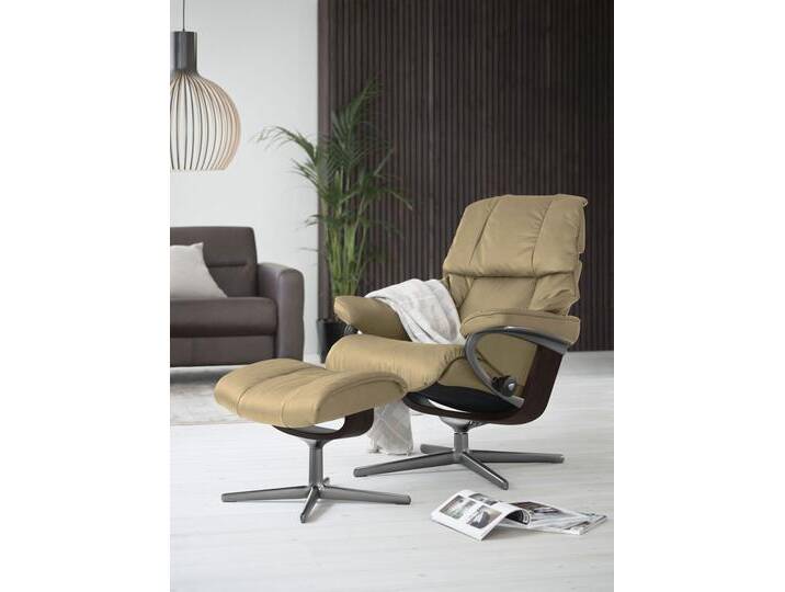 Relaxsessel STRESSLESS Reno , beige (sand paloma), B:92cm H:100cm T:80cm, Leder PALOMA: PALOMA ist ein durchgefärbtes Semianilin-Möbelleder mit natürlicher Narbung., Sessel, mit Hocker, mit Cross Base, Größe S, M & L, Holzakzent Braun von Stressless