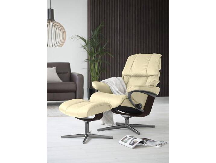 Relaxsessel STRESSLESS Reno , beige (vanilla paloma), B:83cm H:100cm T:76cm, Leder PALOMA: PALOMA ist ein durchgefärbtes Semianilin-Möbelleder mit natürlicher Narbung., Sessel, mit Hocker, mit Cross Base, Größe S, M & L, Holzakzent Braun von Stressless