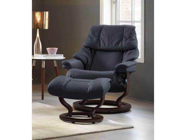 Relaxsessel STRESSLESS Reno , blau (shadow blau paloma), B:79cm H:98cm T:75cm, Leder BATICK: BATICK ist ein leicht korrigiertes, durchgefärbtes und genarbtes Möbelleder, bei dem die meisten Unebenheiten und Spuren in der Regel entfernt wurden.;Leder PALOMA: PALOMA ist ein durchgefärbtes Semianilin-Möbelleder mit natürlicher Narbung.;ROHLEDER Stoff Q2 FARON: Ein fester zuverlässiger Bouclé mit einem strukturierten Aussehen und einer komfortablen Oberfläche (100% Polyester im Flor, Grundgewebe: 50% Polyester, 50% Polyacryl);Microfaser DINAMICA (88% Polyester, 12% Polyurethan), Sessel, mit Classic Base, Größe S, M & L, Gestell Braun von Stressless