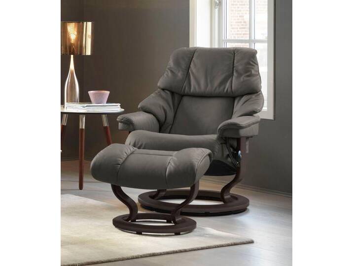 Relaxsessel STRESSLESS Reno , grau (metal grau paloma), B:75cm H:96cm T:75cm, Leder BATICK: BATICK ist ein leicht korrigiertes, durchgefärbtes und genarbtes Möbelleder, bei dem die meisten Unebenheiten und Spuren in der Regel entfernt wurden., Leder PALOMA: PALOMA ist ein durchgefärbtes Semianilin-Möbelleder mit natürlicher Narbung., ROHLEDER Stoff Q2 FARON: Ein fester zuverlässiger Bouclu00e9 mit einem strukturierten Aussehen und einer komfortablen Oberfläche (100% Polyester im Flor, Grundgewebe: 50% Polyester, 50% Polyacryl), Microfaser DINAMICA (88% Polyester, 12% Polyurethan), Sessel, mit Classic Base, Größe S, M & L, Gestell Wenge von Stressless