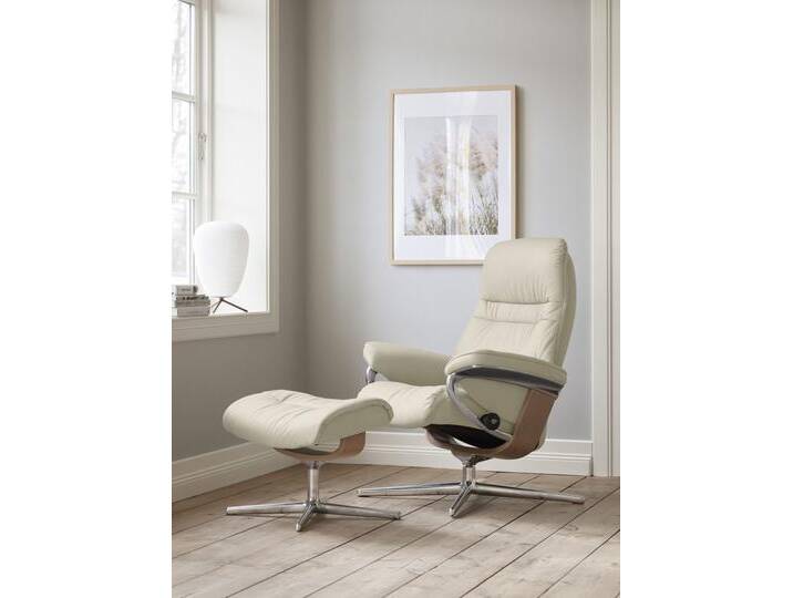 Relaxsessel STRESSLESS Sunrise , beige (cream batick), B:79cm H:103cm T:73cm, Leder BATICK: BATICK ist ein leicht korrigiertes, durchgefärbtes und genarbtes Möbelleder, bei dem die meisten Unebenheiten und Spuren in der Regel entfernt wurden., Sessel, mit Cross Base, Größe S, M & L, Holzakzent Eiche von Stressless