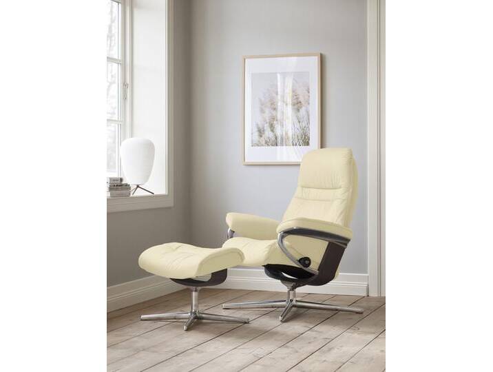 Relaxsessel STRESSLESS Sunrise , beige (vanilla paloma), B:83cm H:105cm T:74cm, Leder PALOMA: PALOMA ist ein durchgefärbtes Semianilin-Möbelleder mit natürlicher Narbung., Sessel, mit Hocker, mit Cross Base, Größe S, M & L, Holzakzent Wenge von Stressless