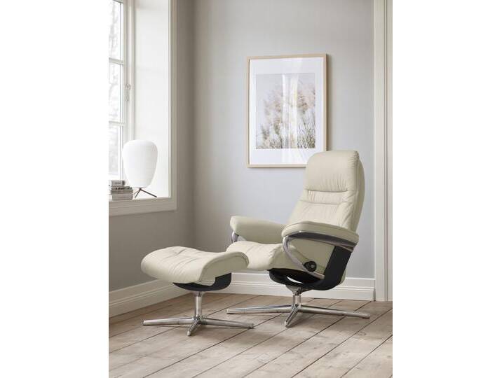 Relaxsessel STRESSLESS Sunrise , blau (atlantic blau batick), B:92cm H:105cm T:80cm, Leder BATICK: BATICK ist ein leicht korrigiertes, durchgefärbtes und genarbtes Möbelleder, bei dem die meisten Unebenheiten und Spuren in der Regel entfernt wurden., Sessel, mit Hocker, mit Cross Base, Größe S, M & L, Holzakzent Schwarz von Stressless