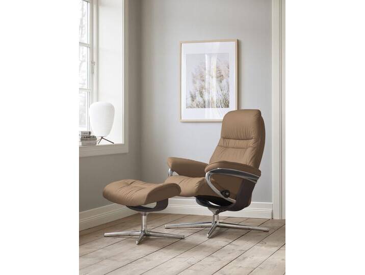 Relaxsessel STRESSLESS Sunrise , braun (latte batick), B:83cm H:105cm T:74cm, Leder BATICK: BATICK ist ein leicht korrigiertes, durchgefärbtes und genarbtes Möbelleder, bei dem die meisten Unebenheiten und Spuren in der Regel entfernt wurden., Sessel, mit Cross Base, Größe S, M & L, Holzakzent Wenge von Stressless