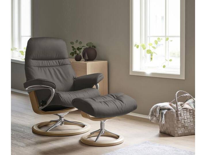 Relaxsessel STRESSLESS Sunrise , grau (metal grau paloma), B:83cm H:105cm T:74cm, Leder BATICK: BATICK ist ein leicht korrigiertes, durchgefärbtes und genarbtes Möbelleder, bei dem die meisten Unebenheiten und Spuren in der Regel entfernt wurden., Leder PALOMA: PALOMA ist ein durchgefärbtes Semianilin-Möbelleder mit natürlicher Narbung., ROHLEDER Stoff Q2 FARON: Ein fester zuverlässiger Bouclu00e9 mit einem strukturierten Aussehen und einer komfortablen Oberfläche (100% Polyester im Flor, Grundgewebe: 50% Polyester, 50% Polyacryl), Struktur fein JASMINE (90% Polyester, 10% Baumwolle), Sessel, mit Signature Base, Größe M, Gestell Eiche von Stressless