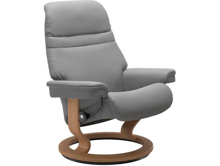 Relaxsessel STRESSLESS Sunrise , grau (wild dove batick), B:79cm H:103cm T:73cm, Leder BATICK: BATICK ist ein leicht korrigiertes, durchgefärbtes und genarbtes Möbelleder, bei dem die meisten Unebenheiten und Spuren in der Regel entfernt wurden., Leder PALOMA: PALOMA ist ein durchgefärbtes Semianilin-Möbelleder mit natürlicher Narbung., ROHLEDER Stoff Q2 FARON: Ein fester zuverlässiger Bouclu00e9 mit einem strukturierten Aussehen und einer komfortablen Oberfläche (100% Polyester im Flor, Grundgewebe: 50% Polyester, 50% Polyacryl), Struktur fein JASMINE (90% Polyester, 10% Baumwolle), Sessel, mit Classic Base, Größe M, Gestell Eiche von Stressless
