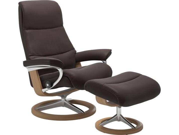 Relaxsessel STRESSLESS View , braun (chocolate paloma), B:78cm H:108cm T:78cm, Leder BATICK: BATICK ist ein leicht korrigiertes, durchgefärbtes und genarbtes Möbelleder, bei dem die meisten Unebenheiten und Spuren in der Regel entfernt wurden.;Leder PALOMA: PALOMA ist ein durchgefärbtes Semianilin-Möbelleder mit natürlicher Narbung.;ROHLEDER Stoff Q2 FARON: Ein fester zuverlässiger Bouclé mit einem strukturierten Aussehen und einer komfortablen Oberfläche (100% Polyester im Flor, Grundgewebe: 50% Polyester, 50% Polyacryl);Struktur fein JASMINE (90% Polyester, 10% Baumwolle), Sessel, mit Signature Base, Größe S,Gestell Eiche von Stressless
