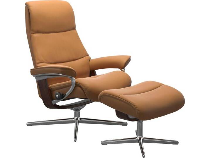 Relaxsessel STRESSLESS View , braun (new caramel), B:82cm H:109cm T:81cm, Sessel, mit Hocker, mit Cross Base, Größe S, M & L, Holzakzent Braun von Stressless