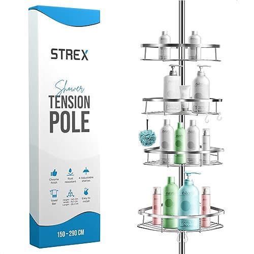 Strex Teleskop Duschregal Edelstahl - Höhenverstellbar 70-275 cm - 4 Körbe - Robuste Qualität - Befestigung ohne Bohren oder Schrauben - Teleskop-Duschregal Ecke von Strex