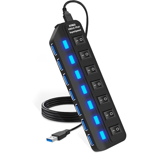 Strex USB 3.0 Hub 7 Ports - USB Splitter - USB Verteiler - 5Gbps - LED-Anzeige - EIN/Aus-Schalter - 100CM Kabel von Strex