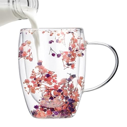 Doppelwandige Glasbecher Tasse Mit Trockenen Blumen Trockenblumen-Doppelglas Hohe Borosilikatglas Blumen Doppelschicht Glasbecher Kaffee Saft Griff Tasse Gläser von Streysisl