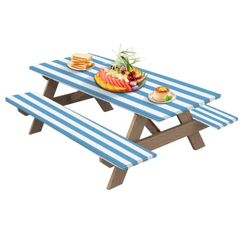Streysisl Campingtisch-Set mit gestreiftem Design, Tischdecke und Bankhussen, Polyester-Tischschutz-Set, elastische Passform, multifunktionale Camping-Sitzbezüge für Picknick von Streysisl