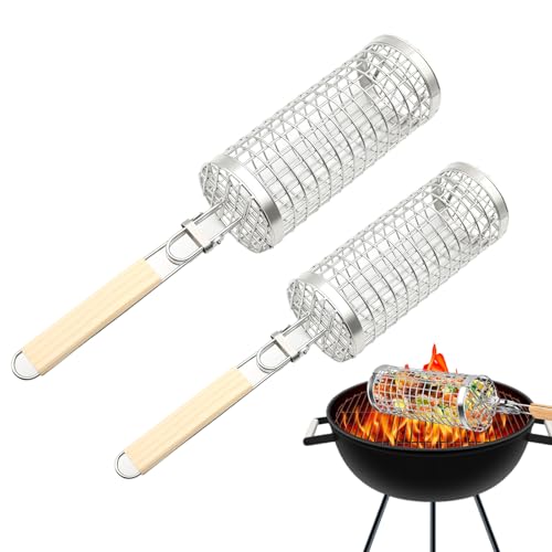 Streysisl Grillkorb Rollen - BBQ Körbe für Outdoor Grill - 2er Set Edelstahl Grillwerkzeuge mit Holzgriff für Outdoor von Streysisl