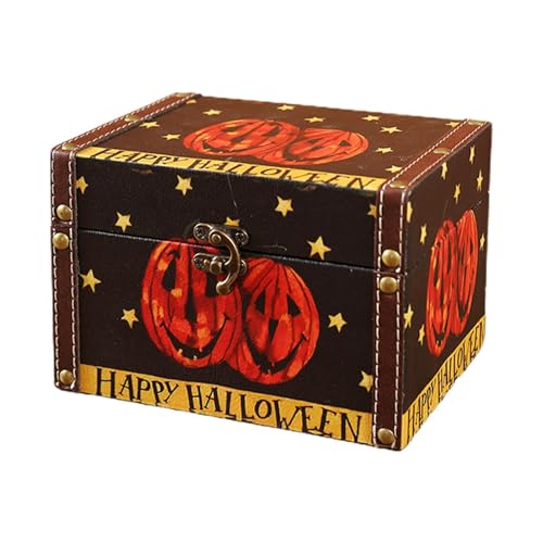 Streysisl Halloween-Holzkiste, Halloween-Aufbewahrungsboxen aus Holz, abschließbare Andenken-Boxen mit Deckel, dekorative Halloween-Holz-Organizer für Wohnzimmer, Schule von Streysisl