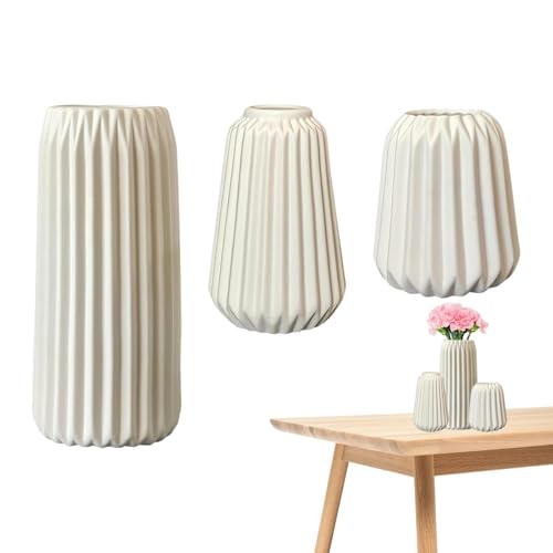 Streysisl Keramik-Blumenvasen – Set mit 3 vertikalen, gerippten weißen Keramik-Blumenvasen für ästhetische Raumdekoration, Boho-Eingang, Kunst und Handwerk, Tafelaufsätze für Schreibtisch, und Streysisl Keramik-Blumenvasen – Set mit 3 vertikalen, gerippten weißen Keramik-Blumenvasen für ästhetische Raumdekoration, Boho-Eingang, Kunst und Handwerk, Tafelaufsätze für Schreibtisch, und von Streysisl