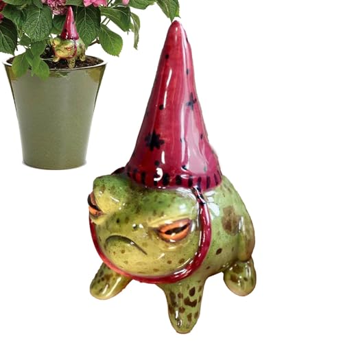 Streysisl -Statuen für den Garten, Kunstharz, kleine Froschfigur mit Hexenhut, handbemalte Blumentopf-Pflanzendekorationen, Miniatur-Gartenhof-Kunst-Skulptur für Schreibtisch-Bücherregal von Streysisl