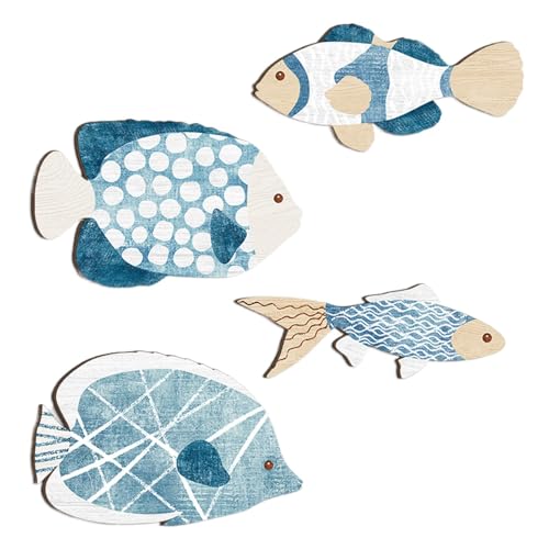 Streysisl Wandkunst, Küstenfisch, 4 x Fische, nautische Wandskulptur, Holz, Vintage-Strandsee-Ornamente für drinnen und draußen Streysisl Wandkunst, Küstenfisch, 4 x Fische, nautische Wandskulptur, Holz, Vintage-Strandsee-Ornamente für drinnen und draußen von Streysisl