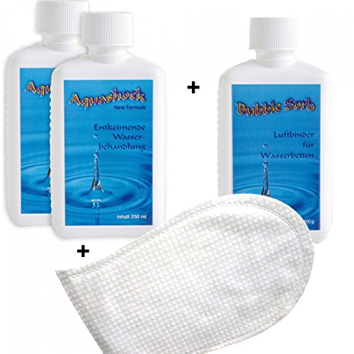 Aquashock Wasserbett Entkeimer von Stricker 2 x 250ml und Luftbinder Bubblestop 400 Gramm plus 1 Pflegehandschuh gratis von Stricker