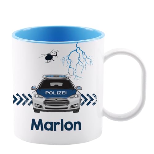 Striefchen® Bruchfeste Kindertasse mit Namen aus Kunststoff in Blau mit Motivauswahl Polizei von Striefchen