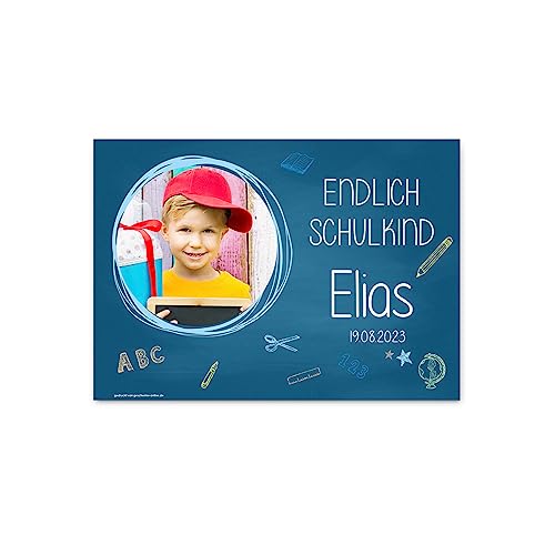 Striefchen® Foto-Banner zur Einschulung - Endlich Schulkind! - mit Namen des Kindes 50 x 70 cm Kunststoff Blau von Striefchen