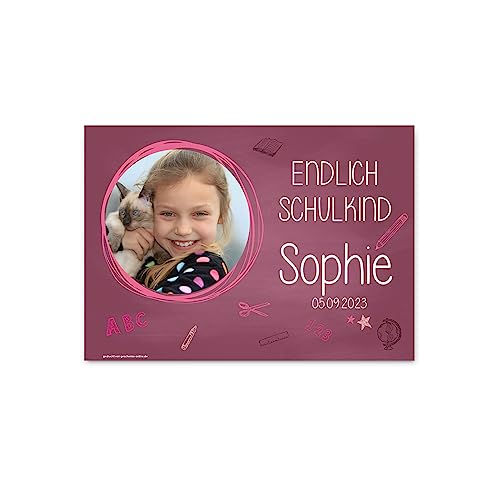 Striefchen® Foto-Banner zur Einschulung - Endlich Schulkind! - mit Namen des Kindes 50 x 70 cm Kunststoff Rosa von Striefchen