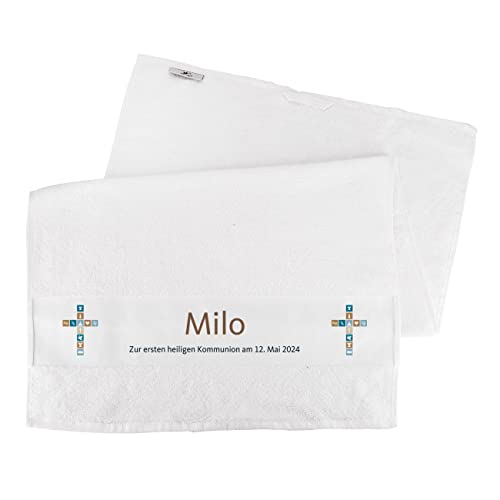 Striefchen® Handtuch (Weiß, 50x100) für Kinder mit Aufdruck des Namens J Kommunion/Konfirmation/Taufe von Striefchen