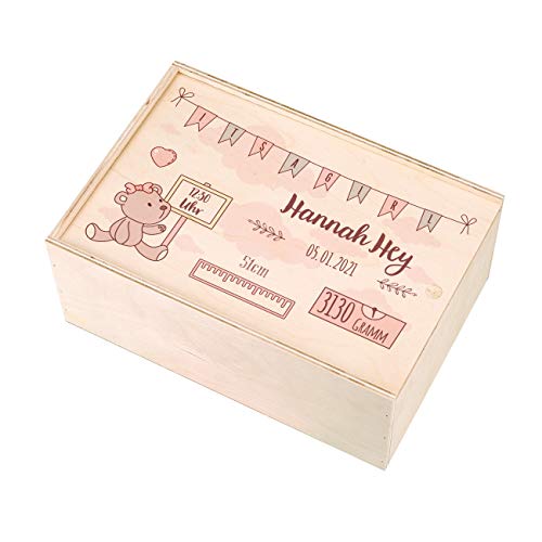 Striefchen® Holzbox zur Erinnerung an das erste Babyjahr oder als Geschenk zur Geburt - mit Namen des Kindes und Geburtsdaten bedruckt Mädchen von Striefchen