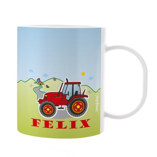 Striefchen® Kunststoff Kindertasse für Jungen mit Wunschname bedruckt - verschiedene Motive Traktor Rot von Striefchen