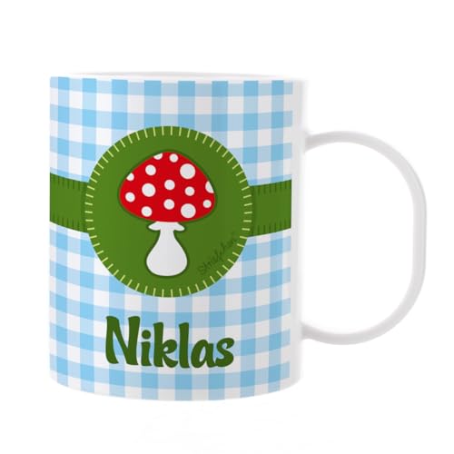 Striefchen® niedliche Kindertasse aus Kunststoff mit Aufdruck des Namens - für Jungen und Mädchen Glückspilz Blau von Striefchen