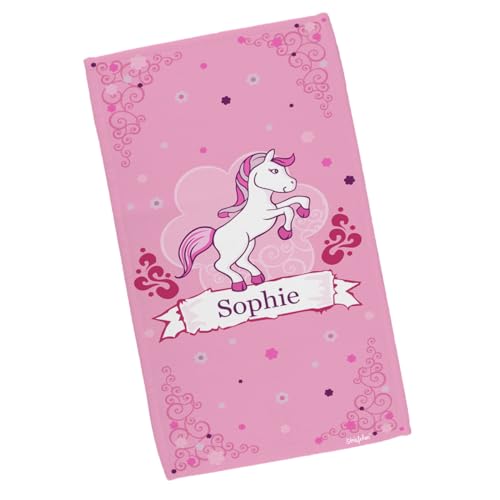 Striefchen® Kinderhandtuch mit Namen für Mädchen mit Pferd-Motiv Pink Pony in 2 Größen 50 x 100 cm von Striefchen