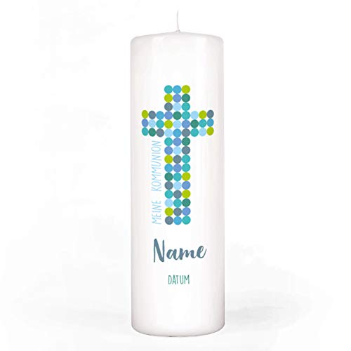 Striefchen® Kommunionkerze mit Aufdruck des Namen und Datum und Ihrem eigenen Segenswunsch für Jungen Punkt-Kreuz von Striefchen