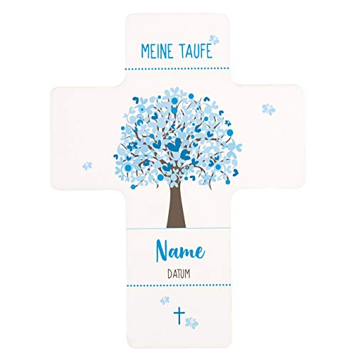 Striefchen® Kreuz zur Taufe mit dem Namen des Kindes und dem Taufdatum bedruckt Lebensbaum Blau von Striefchen