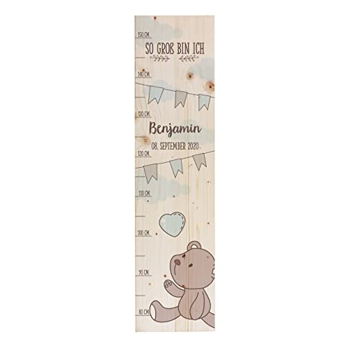 Striefchen® Messlatte für Kinder mit Namen aus Holz für Kinderzimmer mit niedlichen Motiven Messleiste Teddy Blau von Striefchen