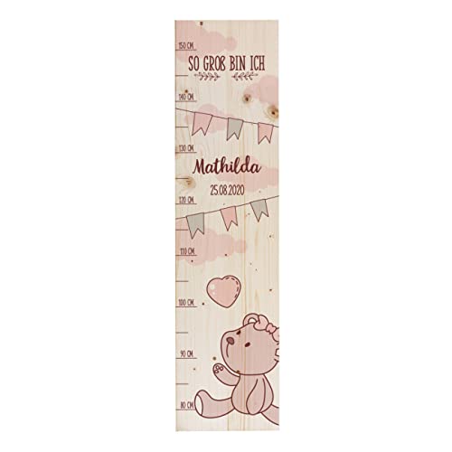 Striefchen® Messlatte für Kinder mit Namen aus Holz für Kinderzimmer mit niedlichen Motiven Messleiste Teddy Rosa von Striefchen