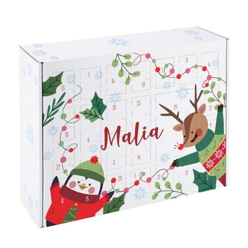 Striefchen® Niedlicher DIY Adventskalender mit Rentier und Pinguin Motiv und Wunschname bedruckt von Striefchen