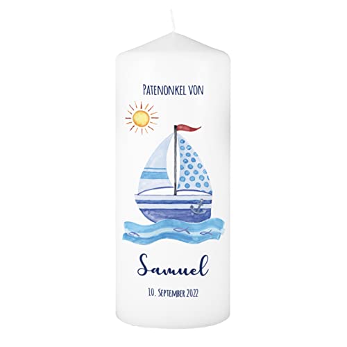 Striefchen® Patenkerze mit persönlichem Aufruck/Geschenk für Paten Schiff Blau von Striefchen