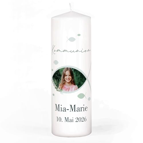 Striefchen® Personalisierbare Kerze für kirchliche Feste mit Name, Datum & Foto – Ichthys-Motiv zur Taufe, Kommunion, Konfirmation oder Firmung von Striefchen