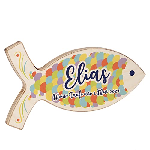 Striefchen® Personalisierter Deko-Fisch aus Holz für Taufe, Kommunion und andere Anlässe 19,5 cm x 11 cm x 1 cm (B/H/T) Bunte Schuppen von Striefchen
