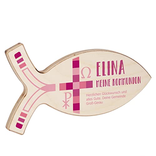 Striefchen® Personalisierter Deko-Fisch aus Holz für Taufe, Kommunion und andere Anlässe 19,5 cm x 11 cm x 1 cm (B/H/T) Kommunion Rosa von Striefchen